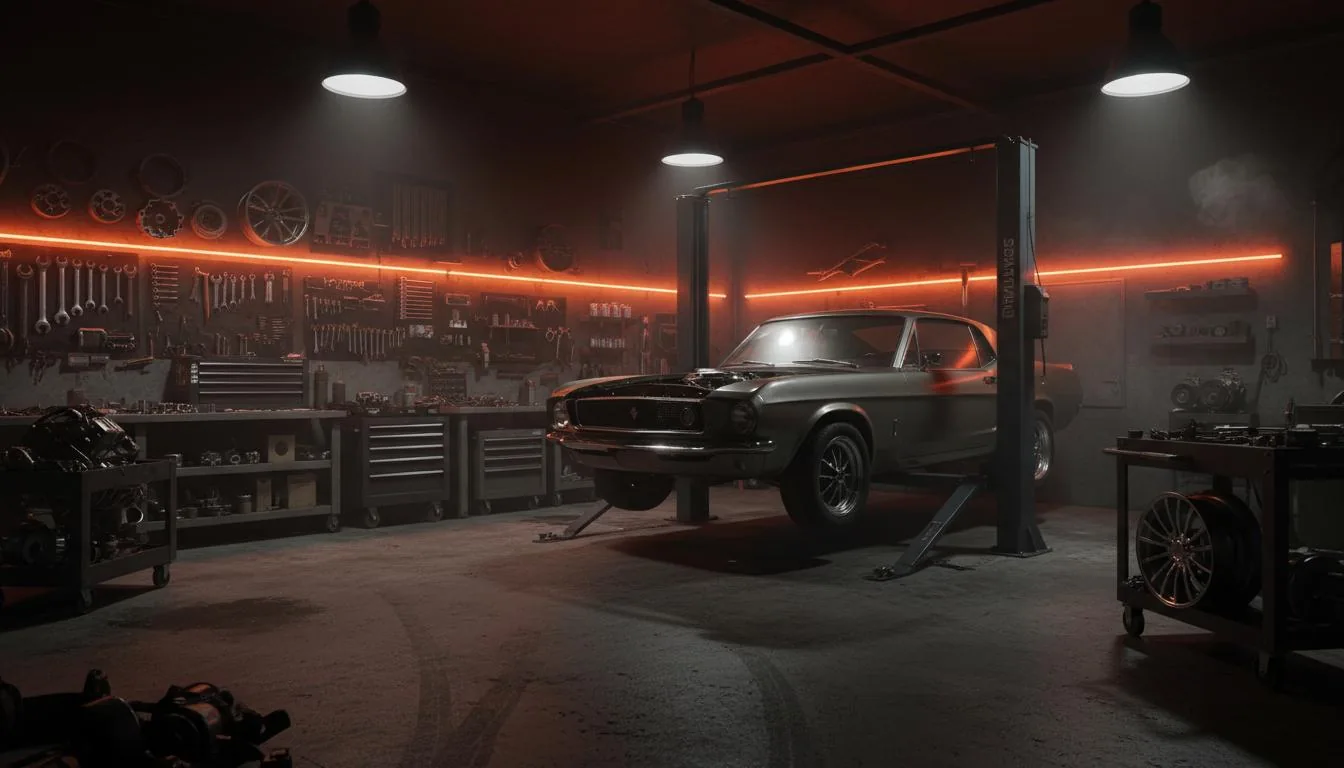 Une automobile sur un pont dans un atelier éclairé de touches orange — visuel d’illustration